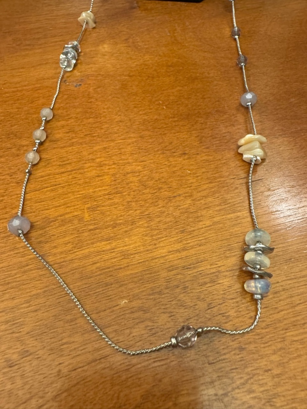 LOFT Long Silver Beaded Necklace with Beige Accents
